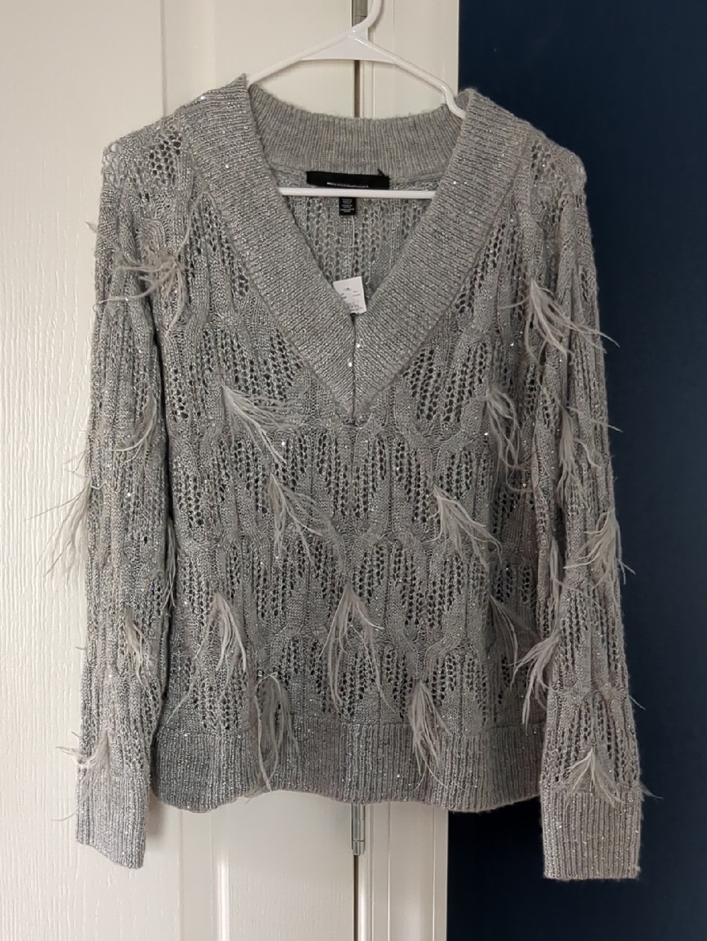 White House Black Market Silver Feather-Trim V-Neck Sweater